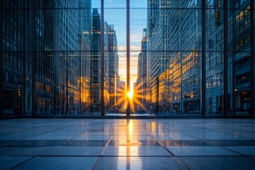 Poster - Sunset reflects on glass buildings in an urban setting showcasing vibrant city life