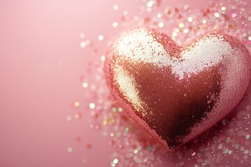 Aufkleber - Sparkling rose gold heart on pink background adorned with glitter and confetti