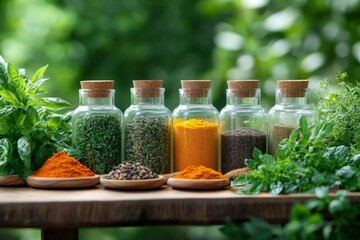 Aufkleber - Colorful display of spices and herbs in glass jars on wooden table at a garden setting during daylight