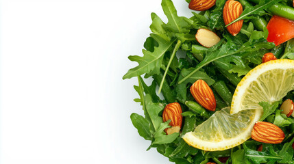 Poster - Fresh green bean and almond salad with arugula and lemon on white background