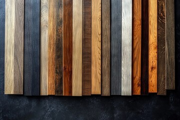 Poster - Variety of wooden planks arranged in a geometric pattern on a dark surface showcasing natural textures and colors