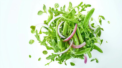 Poster - Fresh green sword bean and red onion salad on white background