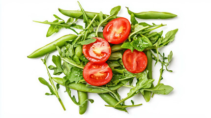 Poster - Fresh green sword bean and sliced tomato with arugula on white background for culinary design