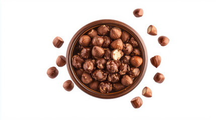 Poster - Realistic hazelnut and chocolate delight in wooden bowl for gourmet design
