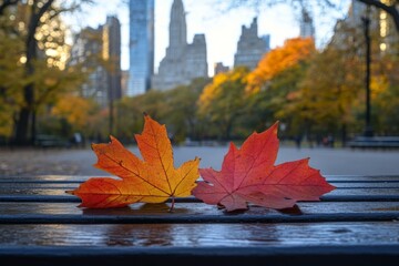 Poster - Colorful autumn leaves resting on a wooden bench in a city park showcasing fall foliage and skyscrapers in the background
