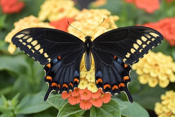 Fototapete - Butterfly resting on colorful flowers during a bright sunny day in a garden, showcasing vibrant wings and intricate patterns