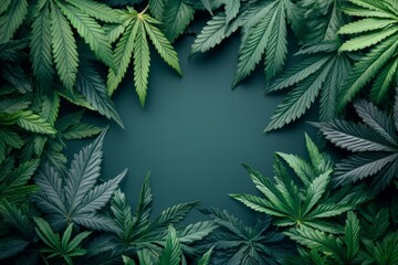 Poster - Lush green cannabis leaves arranged in a circular pattern on dark background for organic and herbal themes