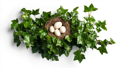 Aufkleber - Ivy branch with bird's nest and eggs on white background for nature and spring decor
