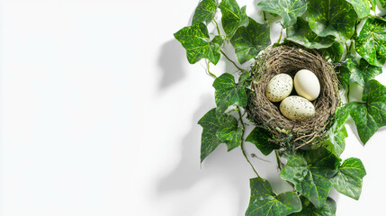 Poster - Ivy branch with bird's nest and eggs on white background