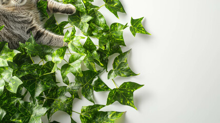 Poster - Curious cat playing on ivy branches in a lush greenery setting