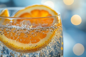 Poster - Refreshing sparkling drink with orange slices creating a vibrant atmosphere in a glass at a sunny gathering