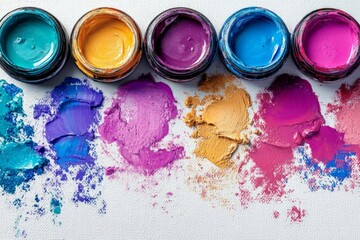 Aufkleber - Colorful paint jars and vibrant strokes arranged artistically on a canvas at an art studio during the day