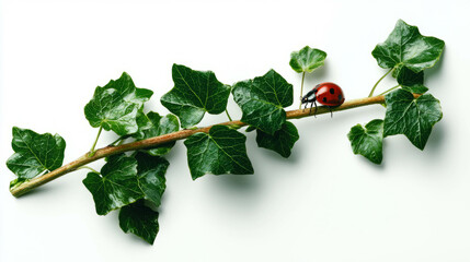 Poster - Vibrant ladybug resting on a lush ivy branch for nature and garden design