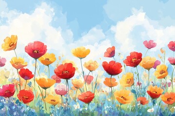 Fototapete - Colorful spring flowers blooming in a vibrant meadow under a bright blue sky