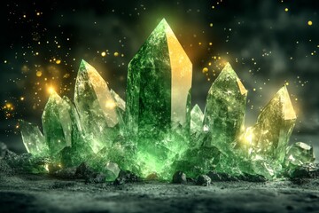 Poster - Green crystalline structure glows with ethereal light in a mystical setting