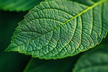 Poster - Green leaf with detailed texture captured in a close-up during daylight in a natural setting