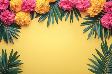 Aufkleber - Bright floral arrangement with pink, yellow flowers and green leaves on a vibrant yellow background