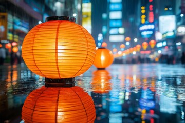 Poster - Colorful lanterns illuminate a bustling street during a rainy night in a vibrant city
