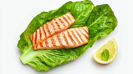 Poster - Fresh grilled salmon on lamb's lettuce with lemon slice garnish for healthy culinary presentation