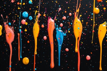 Poster - Colorful paint splatters create vibrant patterns on a black canvas in an artistic studio