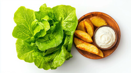 Poster - Fresh lambs lettuce with potato wedges and creamy dip on wooden plate