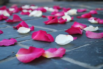 Poster - Petals scattered across a stone pathway create a vibrant atmosphere in a serene outdoor setting during daylight