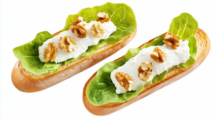 Poster - Fresh lamb's lettuce and goat cheese on baguette with walnuts in a gourmet sandwich presentation