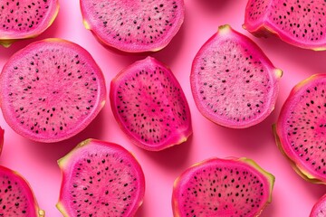 Poster - Vibrant slices of dragon fruit on a bright pink background create a stunning visual display in a tropical setting