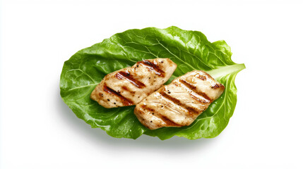 Poster - Grilled chicken on lamb's lettuce leaf isolated on white background