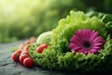 Aufkleber - Colorful salad arrangement with fresh vegetables and a flower on a dark wooden surface in soft light