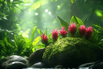 Aufkleber - Vibrant red flowers bloom on moss-covered rocks in a lush rainforest setting during the early morning light