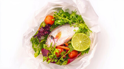 Aufkleber - Fresh fish en papillote with lime and vegetables for gourmet cooking