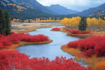 Poster - Vibrant autumn colors reflect in the tranquil river surrounded by mountains in a serene landscape
