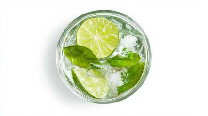Poster - Refreshing lime wedges and basil in glass bowl for beverage and culinary use
