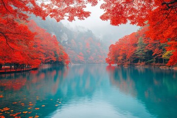 Poster - Vibrant autumn landscape with red trees and serene blue water reflecting overcast sky