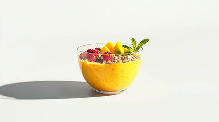 Poster - Fresh mango and avocado smoothie garnished with berries and mint in glass bowl