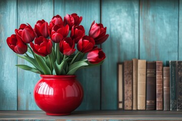 Poster - Vibrant red tulips in a glossy vase beside classic books on a rustic shelf