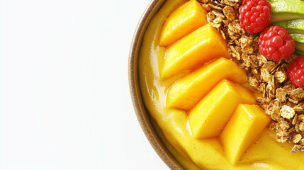 Poster - Tropical mango and avocado smoothie bowl with granola and fresh raspberries for healthy breakfast