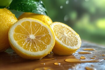 Aufkleber - Freshly sliced lemons resting on a wooden cutting board with droplets of water in a bright and sunny kitchen setting