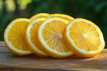 Poster - Freshly sliced lemons arranged neatly on a wooden surface with natural background