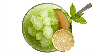 Poster - Refreshing melon and lime granita with mint leaf garnish for summer desserts