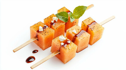 Aufkleber - Refreshing melon cube skewers with balsamic glaze and cheese garnish for summer appetizers or party snacks