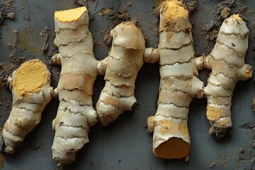 Poster - Fresh turmeric roots arranged on a dark surface showcasing their vibrant color and texture in natural light