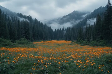 Aufkleber - Vibrant orange wildflowers bloom in a misty valley surrounded by evergreen trees in a tranquil mountain setting