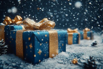 Aufkleber - Holiday gifts wrapped in blue and gold sit on a snowy surface while snowflakes gently fall around them