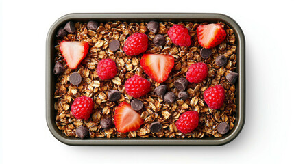 Poster - Delicious oat flakes with fresh berries and chocolate chips in muffin tin for healthy breakfast inspiration