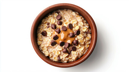 Poster - Delicious chocolate chip oatmeal in wooden bowl for breakfast concept