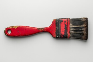 Poster - Red paintbrush with worn bristles resting on a simple white background captures the essence of creativity and craftsmanship