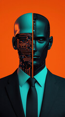 Poster - striking image of businessman with half human, half robot face, showcasing blend of technology and art. vibrant orange background enhances