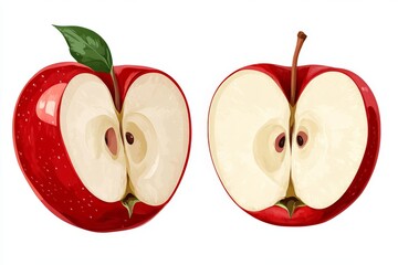 Poster - Fresh red apples sliced in half exposing juicy interior with seeds at a kitchen table